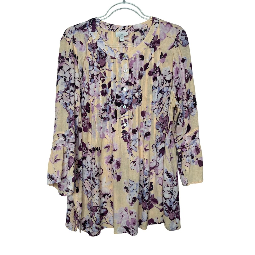 J Jill Pintuck Bell Sleeve Tunic Top Large Peach Purple Floral Crinkle Fabric